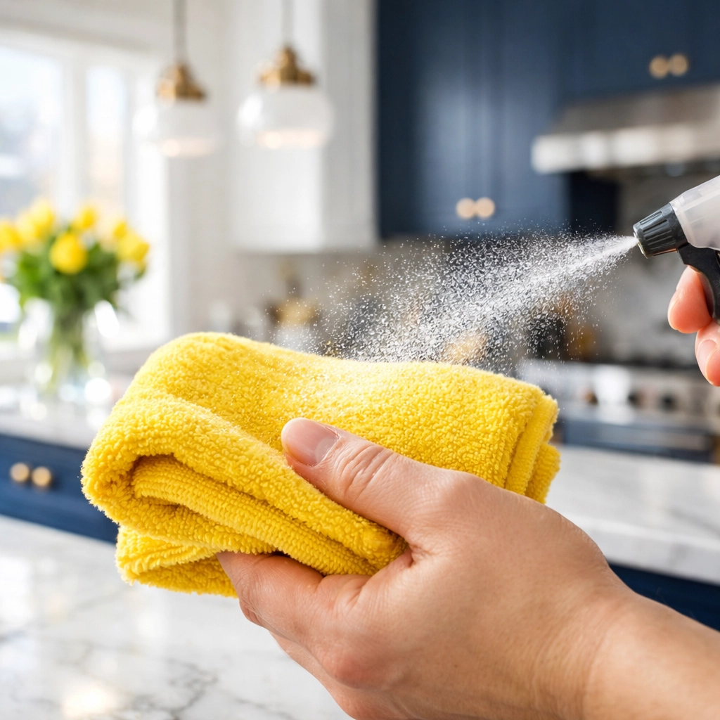 Professional deep cleaning in Massachusetts showing how to spray cleaner onto a cloth to protect kitchen surfaces.