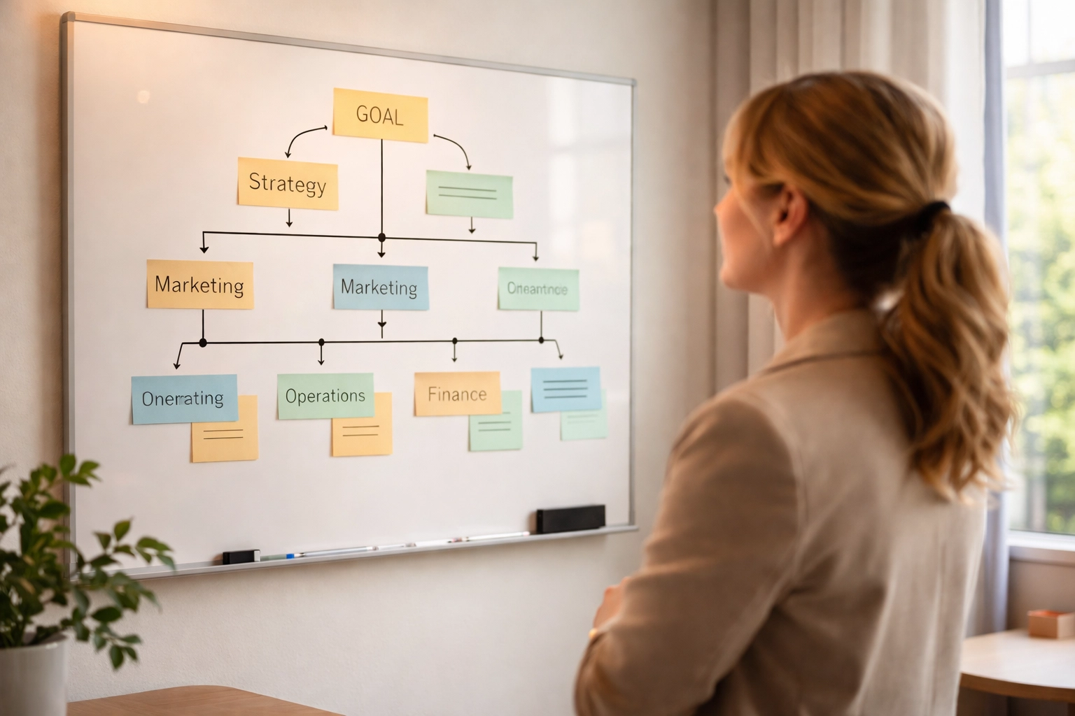 Entrepreneur reviewing a finance framework on a whiteboard to improve self-employed bookkeeping systems.-Self-Employed Bookkeeping Mistakes- Equilibrium Consultants