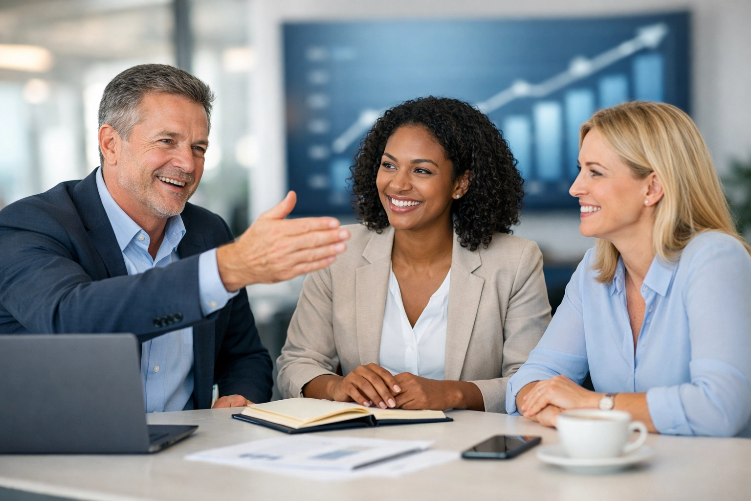 Business consultants collaborating on strategic human capital and innovative media solutions at Dakdan Worldwide.