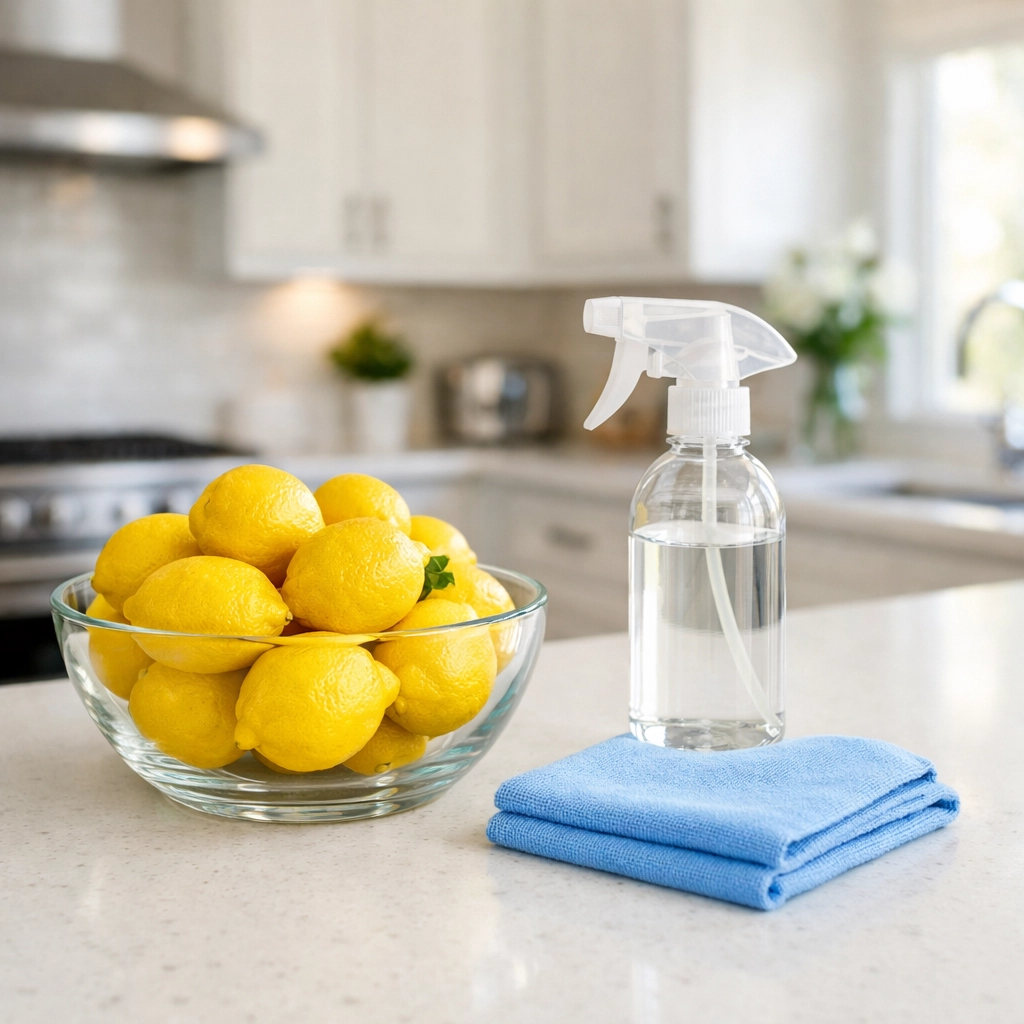Eco-friendly move-in cleaning supplies in a modern kitchen for a safe Boston apartment turnover.