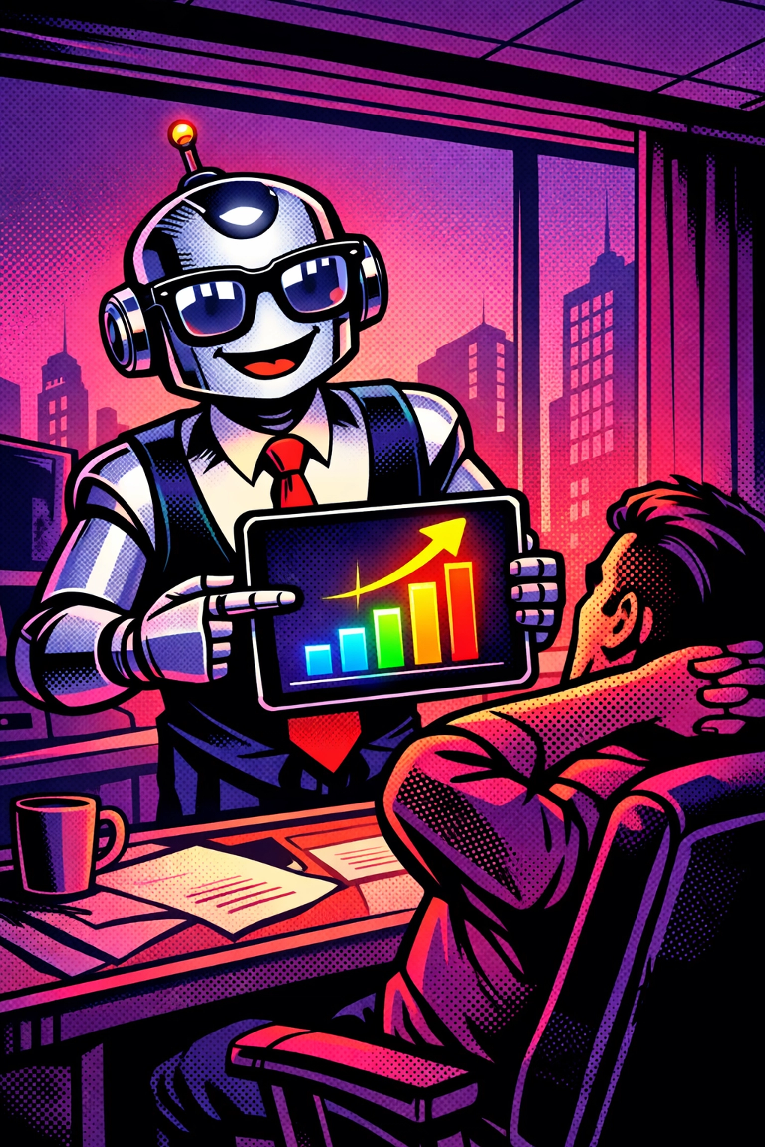 An efficient AI assistant for small business presenting growth data to a relaxed owner.