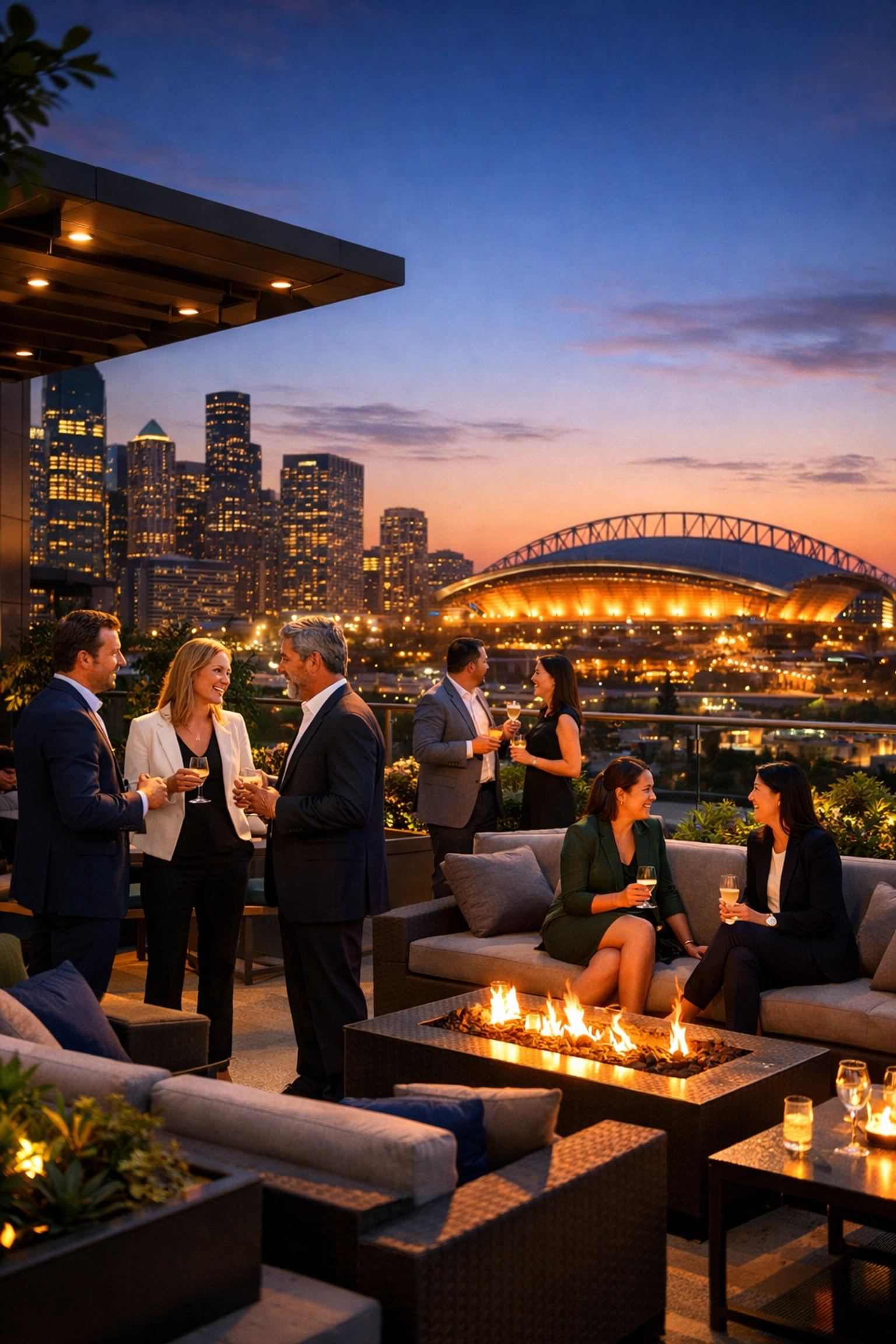 Luxury rooftop networking lounge with views of the Super Bowl stadium and city skyline.