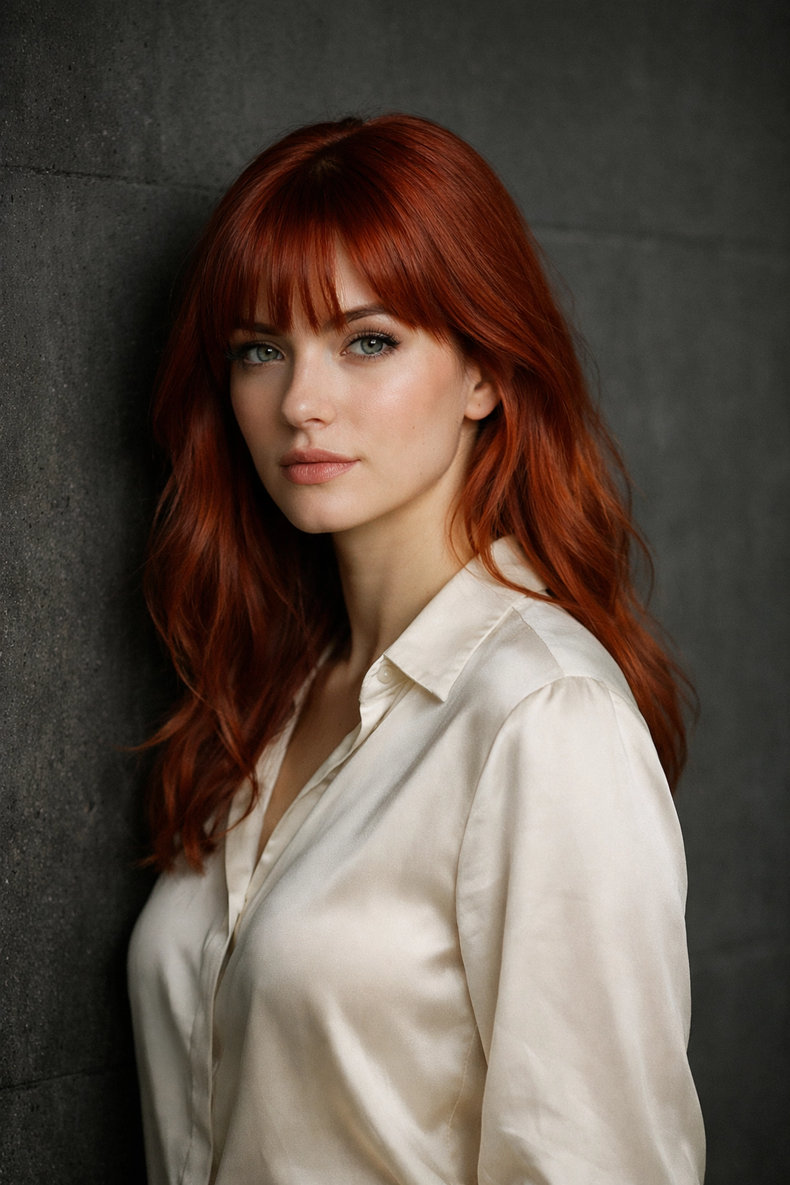 Portrait photography techniques showing a woman with red hair against a simple, non-distracting dark background.