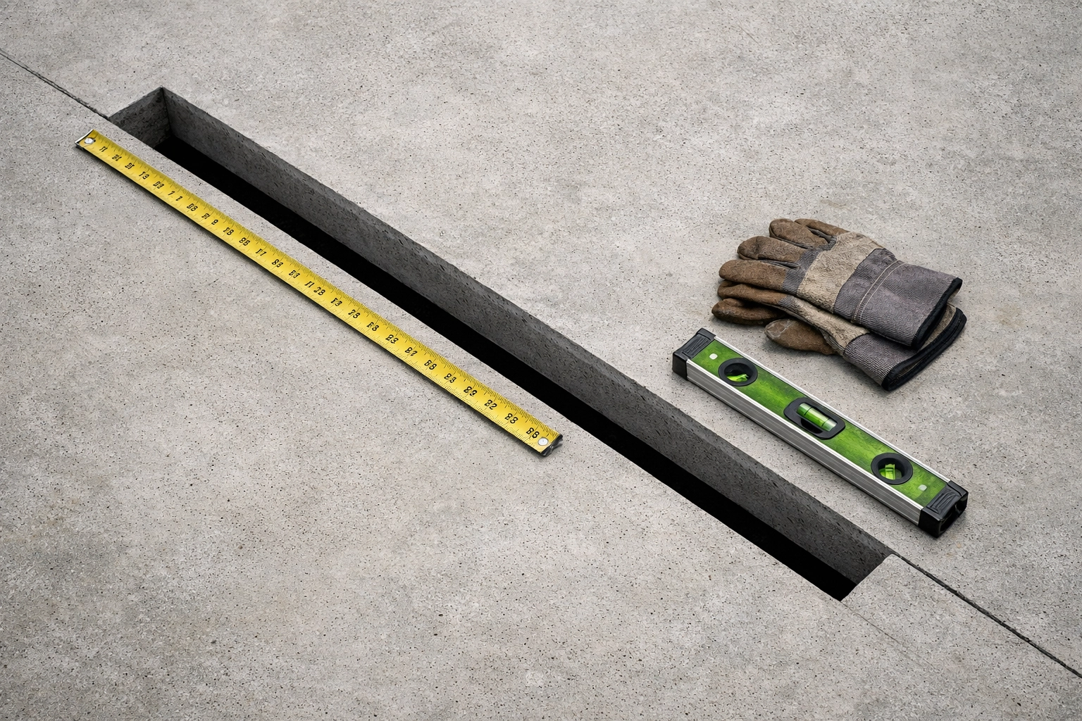 Precision concrete saw-cut trench showing clean edges for kitchen plumbing installation