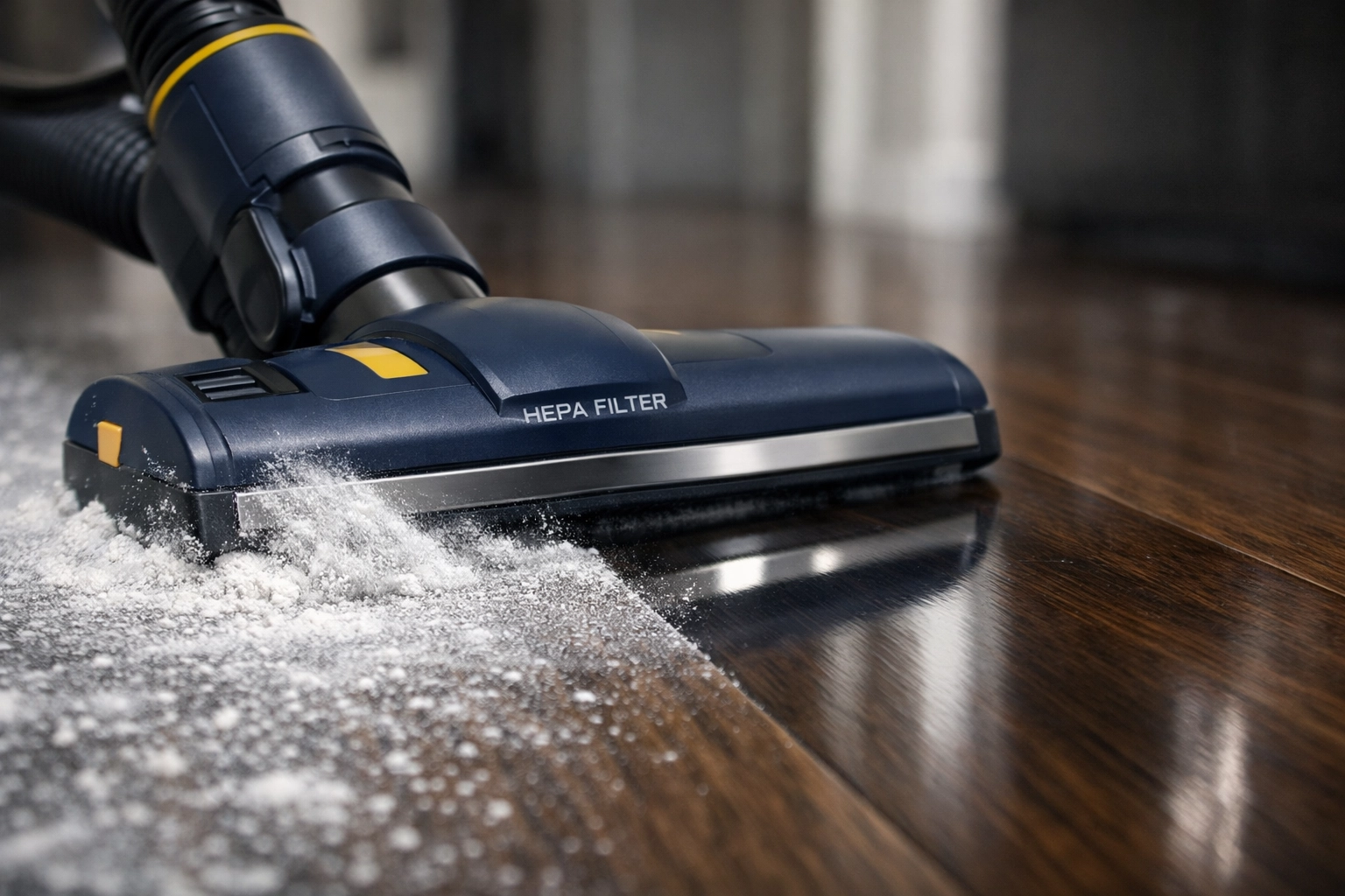 A HEPA vacuum removing fine construction dust from a hardwood floor in Hudson Massachusetts.