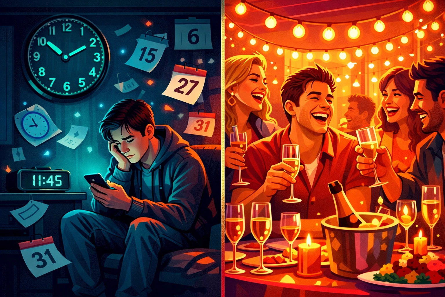 Contrast between lonely dating app scrolling and happy social gathering with friends