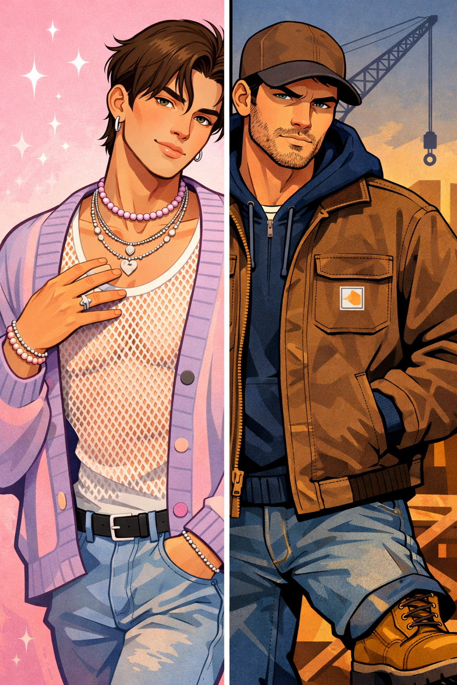 Split comparison of queer-coded fashion versus hypermasculine workwear style in men's clothing