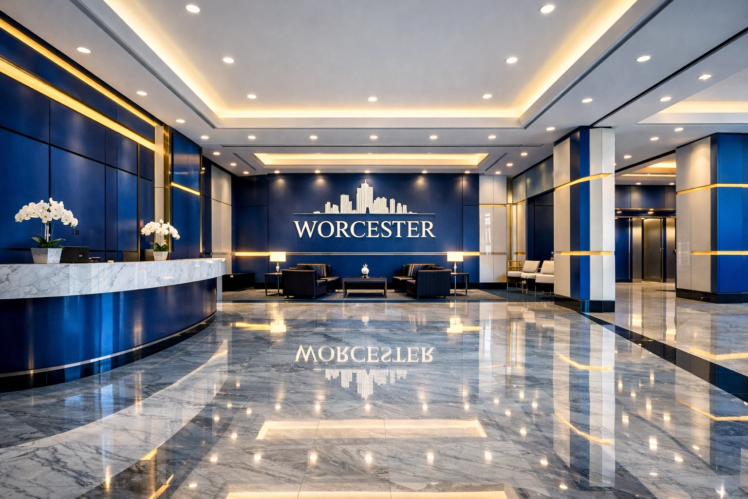 Pristine Worcester corporate lobby with polished marble floors following professional office cleaning.