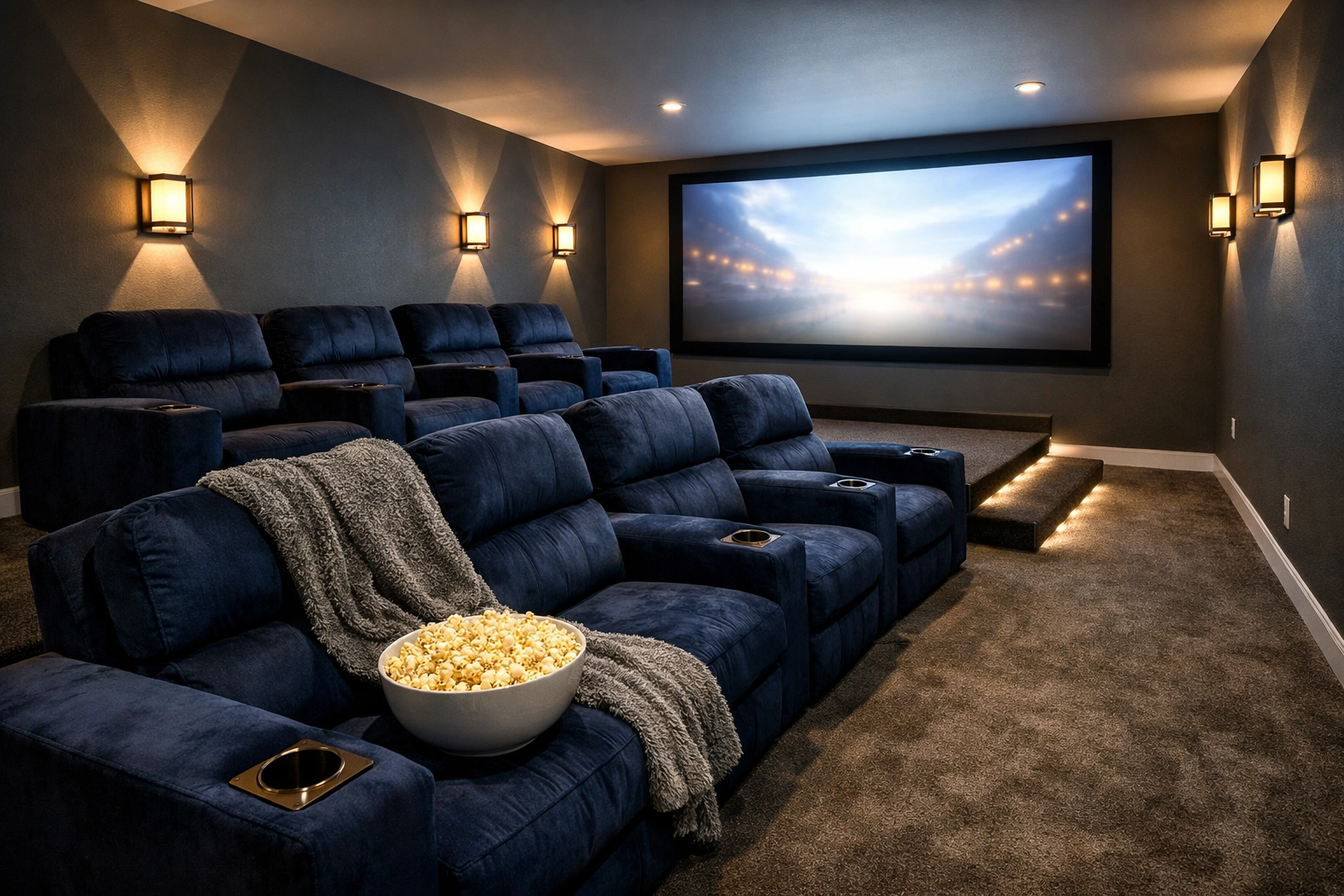 Luxury Columbus basement media room with tiered theater seating and professional cinema lighting.