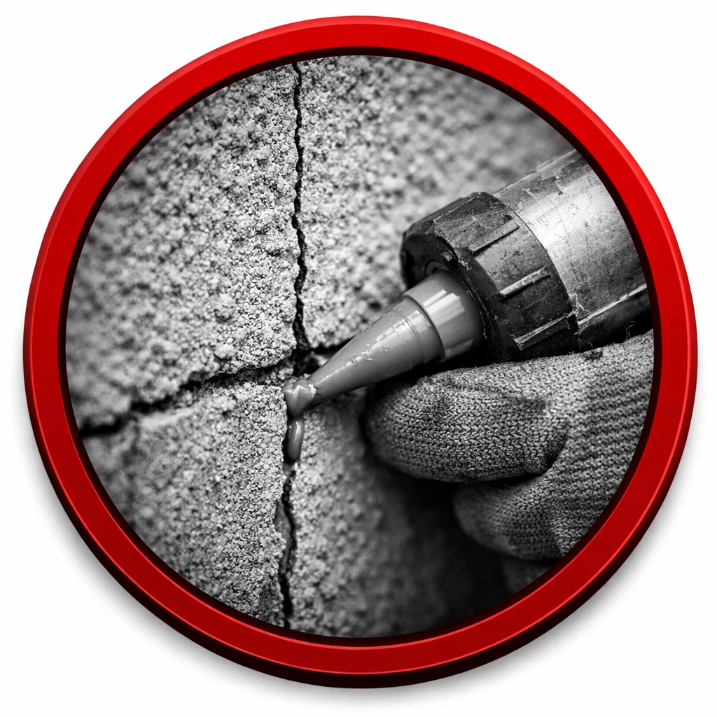 Professional technician sealing a foundation crack as part of a pest exclusion service in Coolidge.