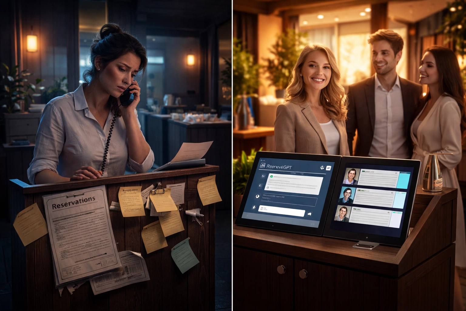 Split-screen of chaotic old-school host stand and organized digital check-in, illustrating modern restaurant guest experience