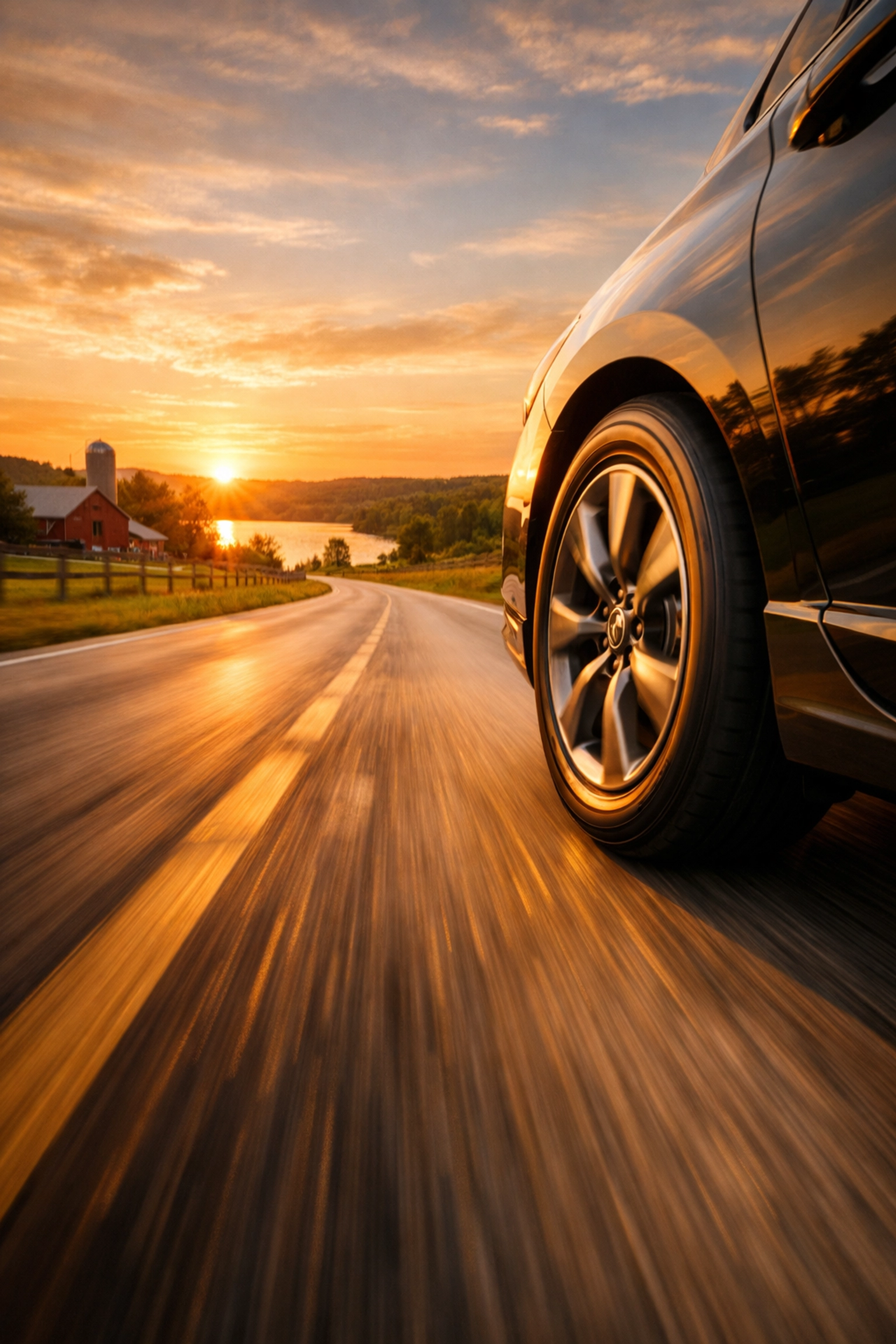 A reliable vehicle driving smoothly on a Wisconsin road after professional Green Bay auto repair.