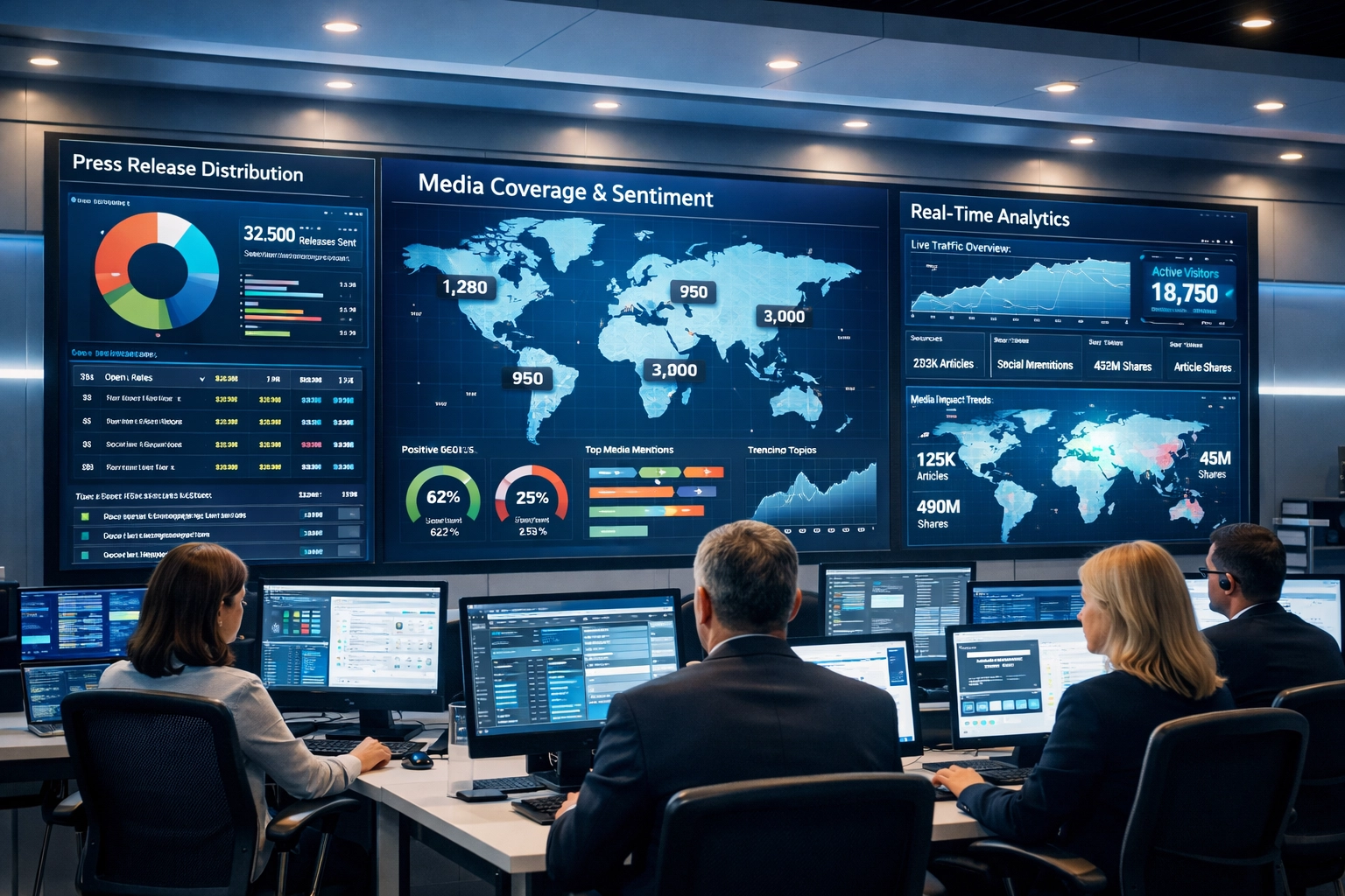 Automated press distribution command center displaying real-time analytics and media coverage metrics