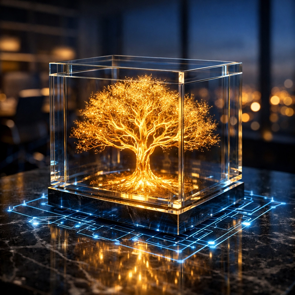 Golden tree inside a secure glass case representing protected business growth and executive legacy planning.