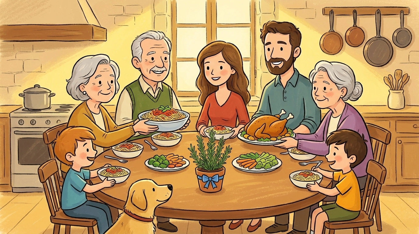 A multi-generational family shares a home-cooked meal, highlighting gratitude and the impact of food security lessons.