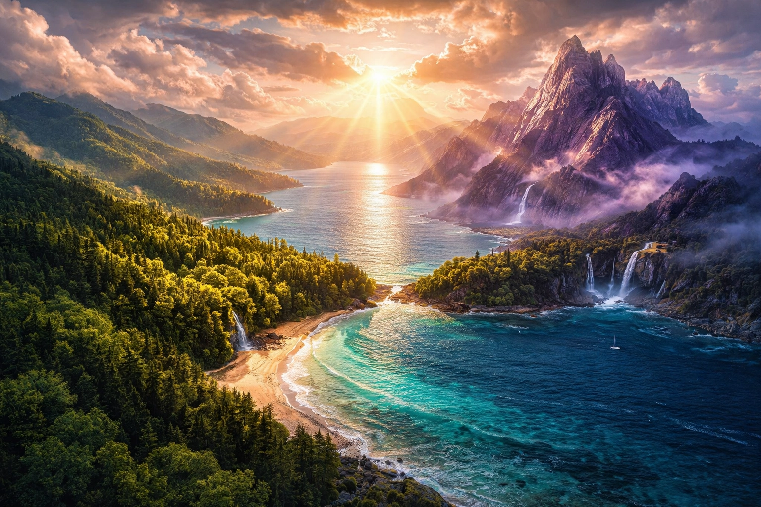 A landscape symbolizing portfolio diversification with forest, ocean, and mountains meeting at one point