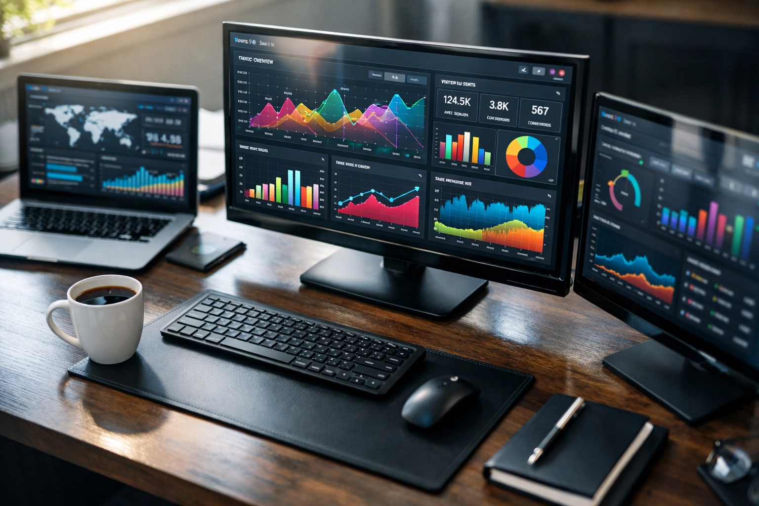 Executive workspace with multiple monitors displaying workforce readiness data analytics dashboards