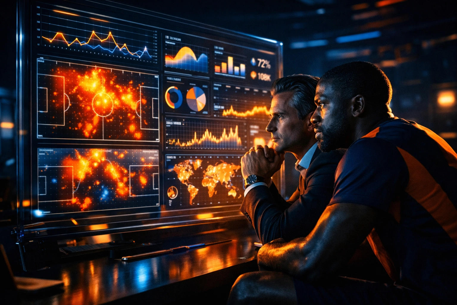 Sports marketing executive and athlete analyzing NIL data for a successful Super Bowl 2026 marketing strategy.