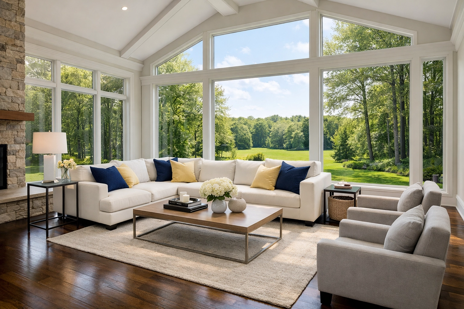 Spotless luxury living room in Sudbury MA with gleaming hardwood floors and professional residential cleaning.