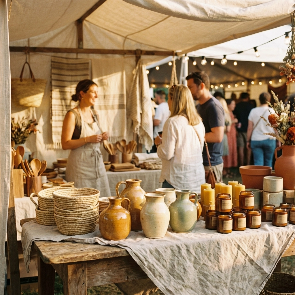 Artisan craft market scene with handcrafted home decor such as pottery, baskets, and candles at a busy craft show