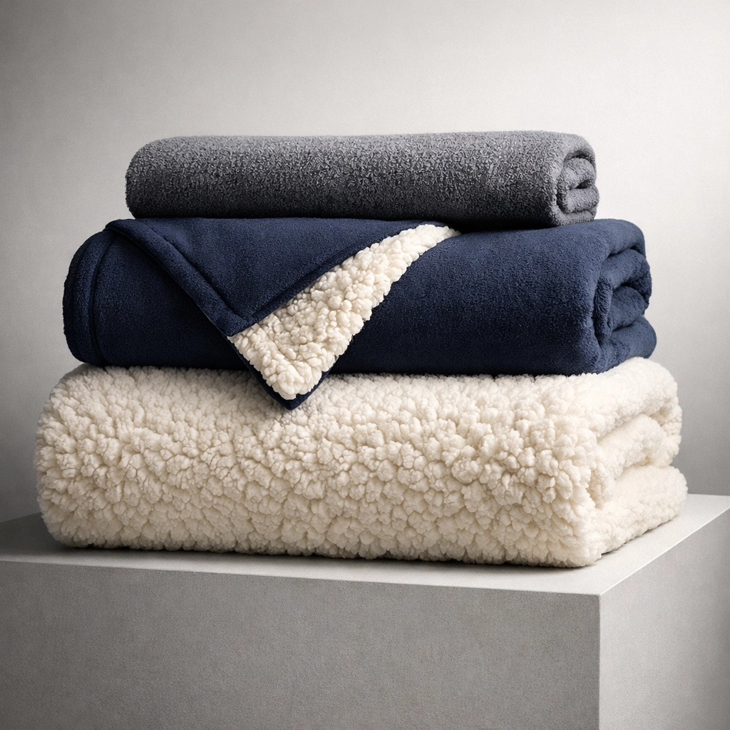 Stack of best sherpa blankets in varying weights and thicknesses for custom gifts