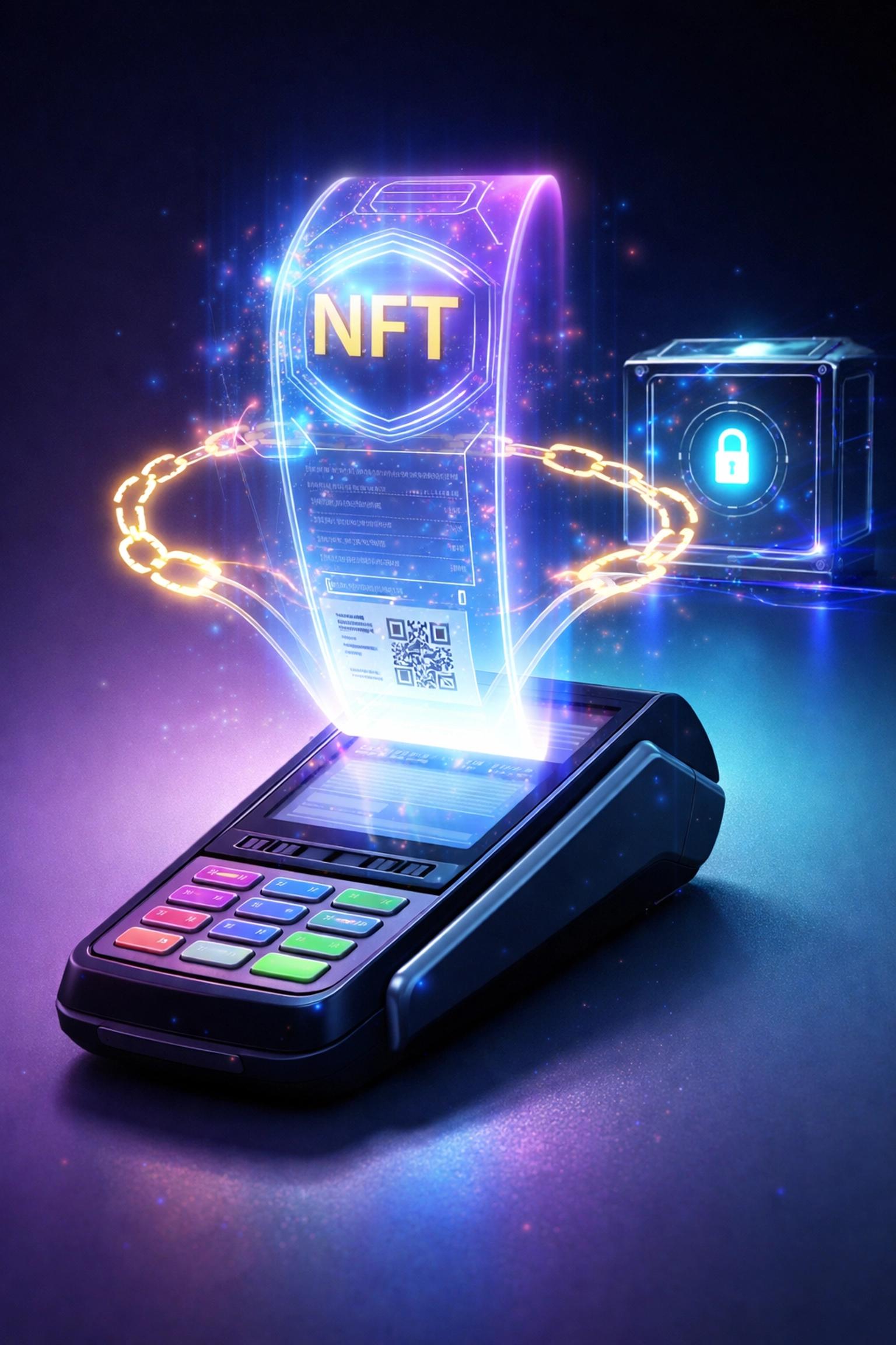 Digital NFT receipt hovering over merchant terminal showing secure blockchain transaction record-keeping