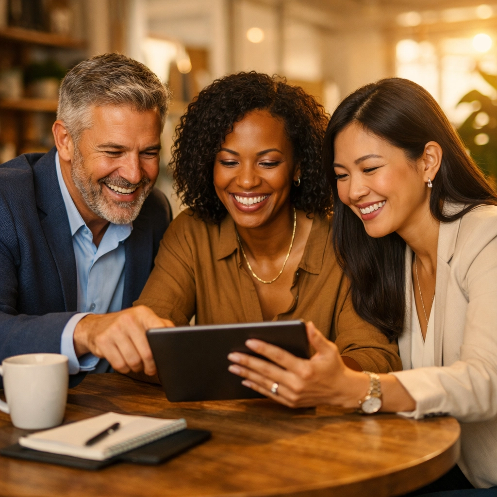 A diverse team of executives collaborating on goal-oriented NQDC plan design and retention strategies.