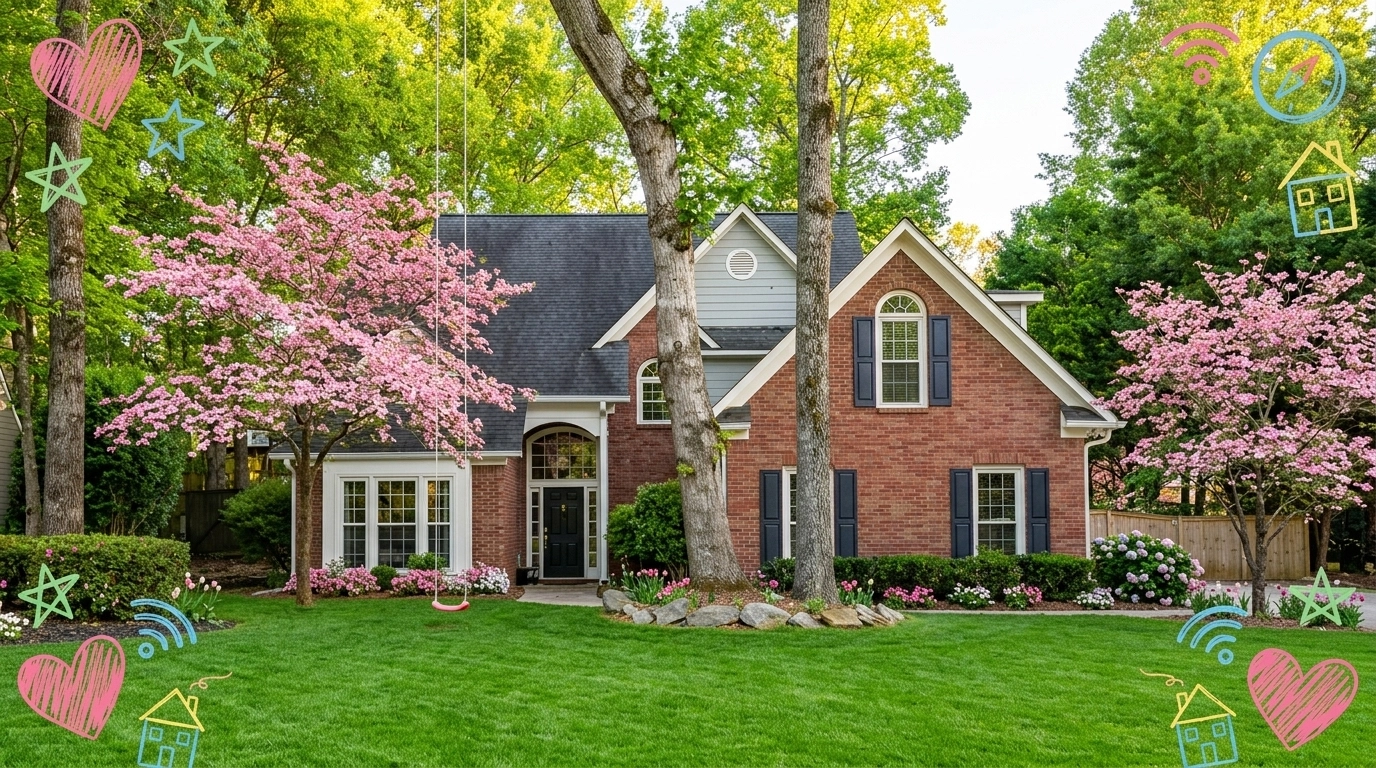 A charming traditional home in Powder Springs, Georgia, with a welcoming front porch, spring greenery, and playful hand-drawn frame accents for a bright insider-neighborhood feel. A charming traditional home in Powder Springs, Georgia, with a welcoming front porch, spring greenery, and playful hand-drawn frame accents for a bright insider-neighborhood feel.