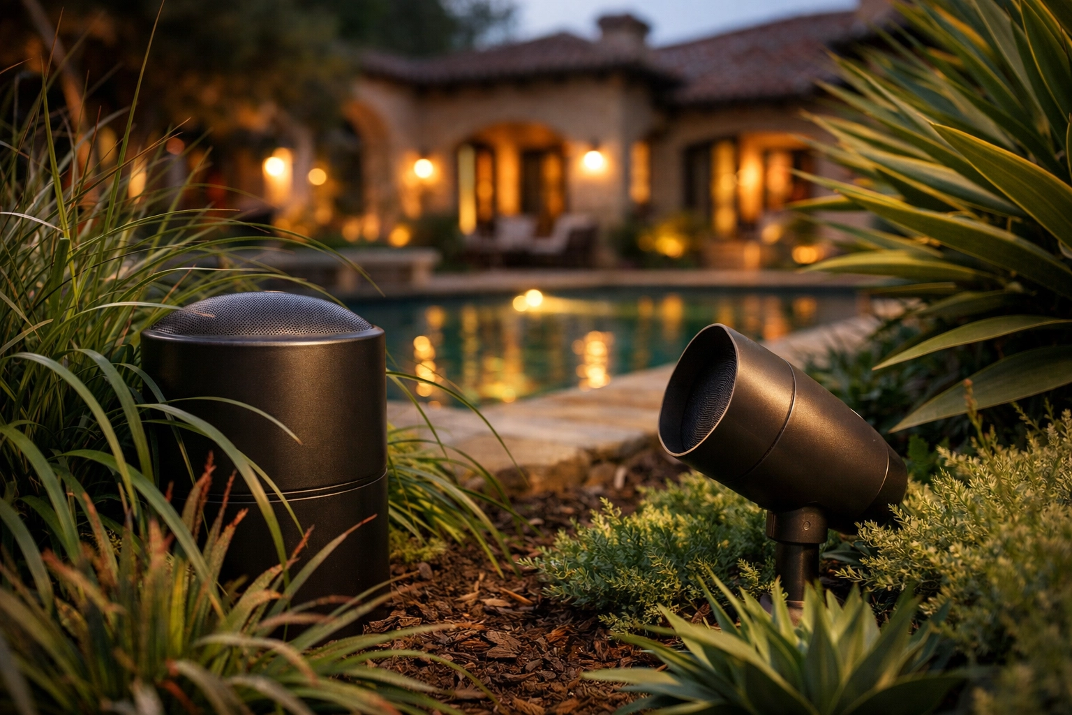 Outdoor audio speakers integrated into Las Colinas pool landscaping
