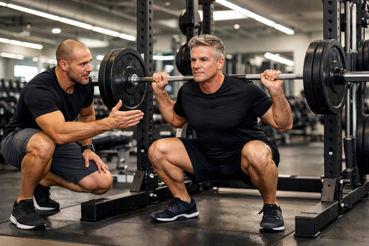 Bournemouth personal trainer coaching a client on proper barbell squat technique at the gym.