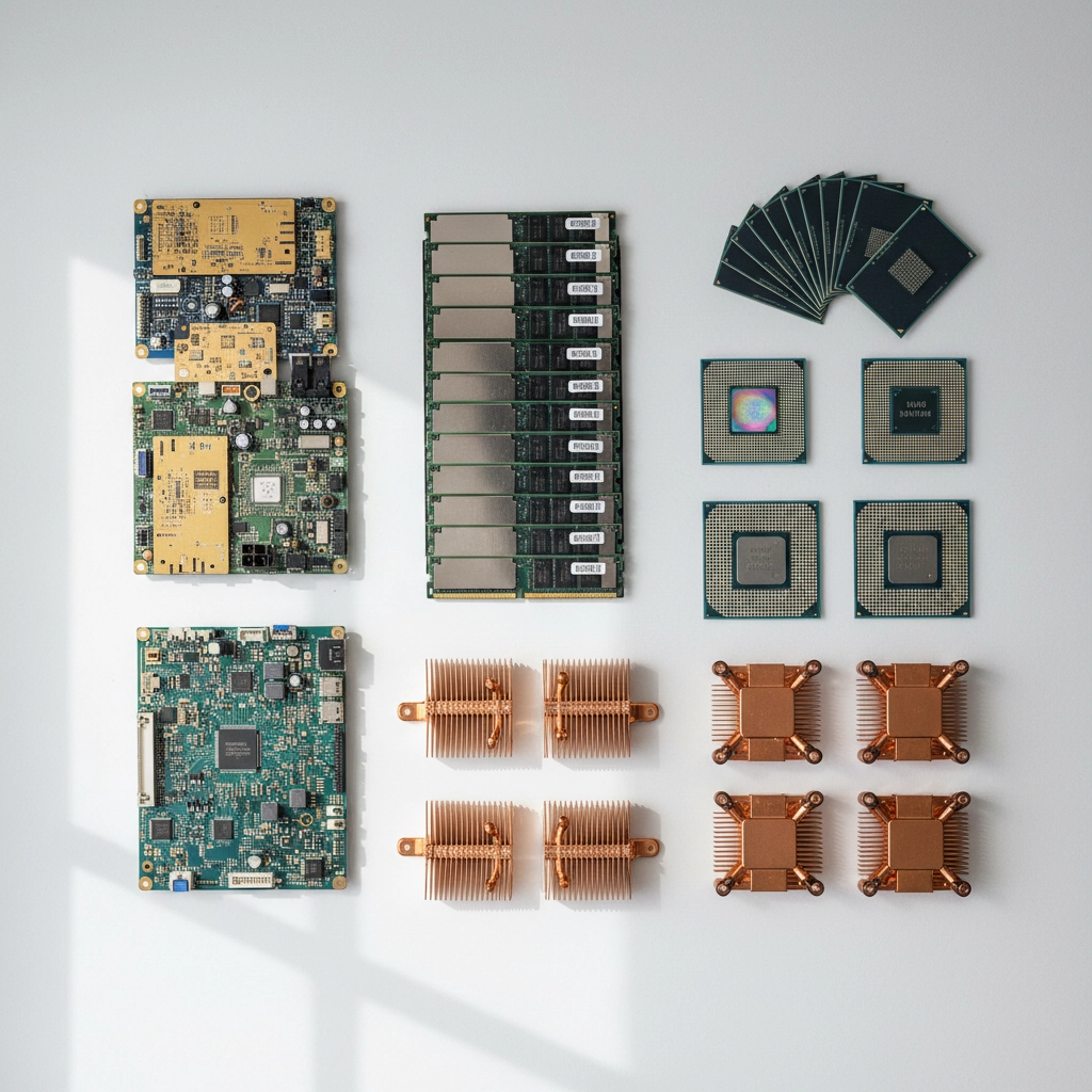 a selection of electrical circuit boards, CPUs and RAM as well as copper heatsinks