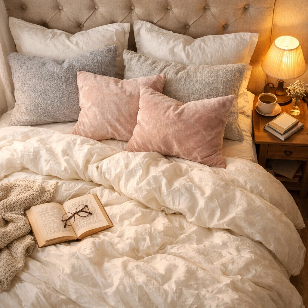Styled bed in small apartment with layered white linens and plush pillows for boutique hotel look