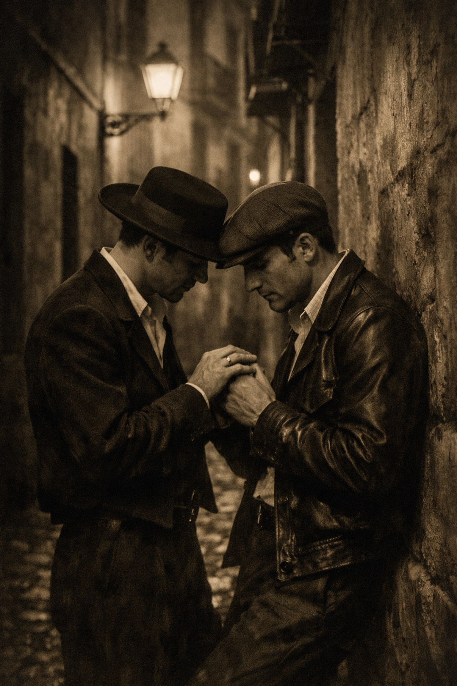 Secret romantic moment between two men in a historical Spanish alley during the dictatorship.