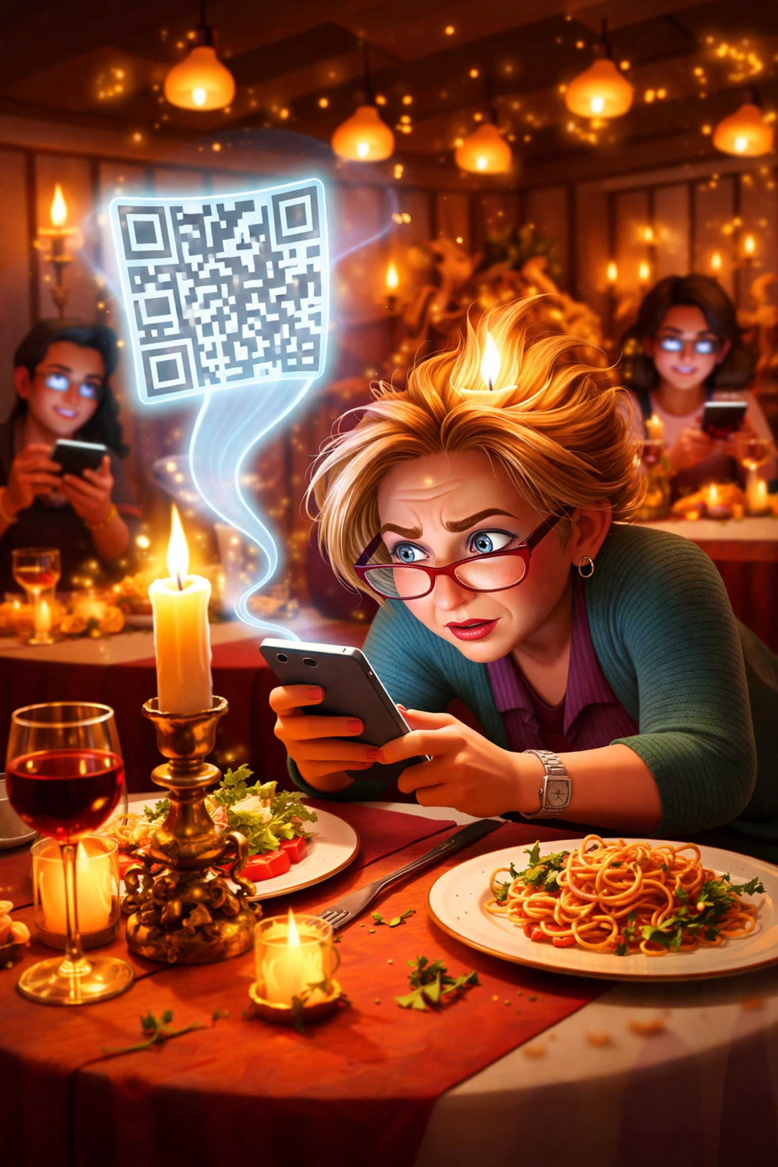 A comical restaurant scene with a frustrated guest trying to scan a haunted QR code menu, highlighting digital dining challenges.