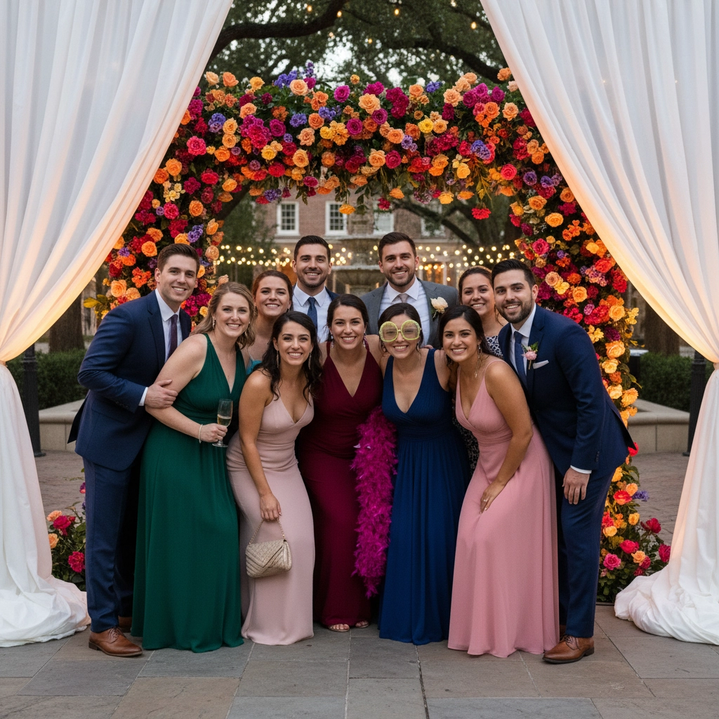 A group of people in formal attire pose joyfully under a colorful floral arch with string lights in the background. Elegant drapes frame the scene.