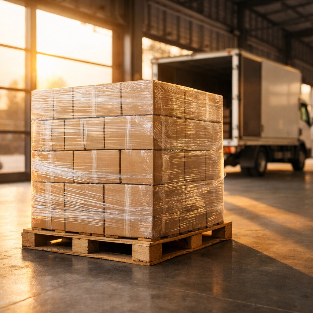 Shrink-wrapped pallet ready for next-day delivery at UK warehouse loading dock