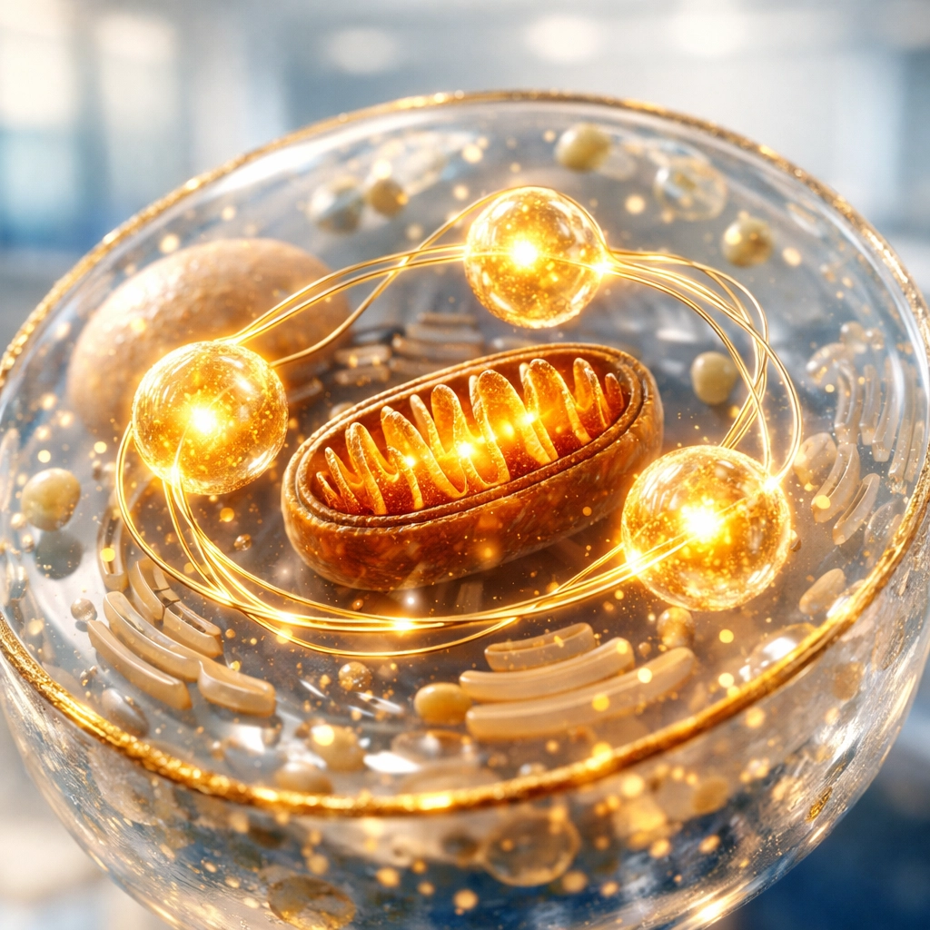 Detailed view of a human cell mitochondrion showing the energy loop between metabolism and hormonal health.