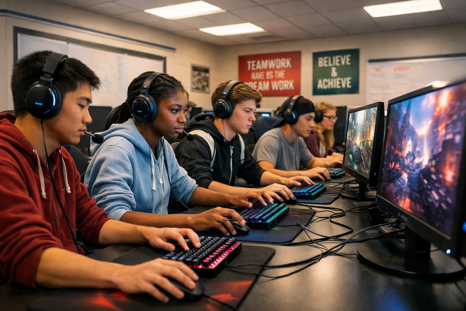 High school students participating in competitive esports program in modern computer lab