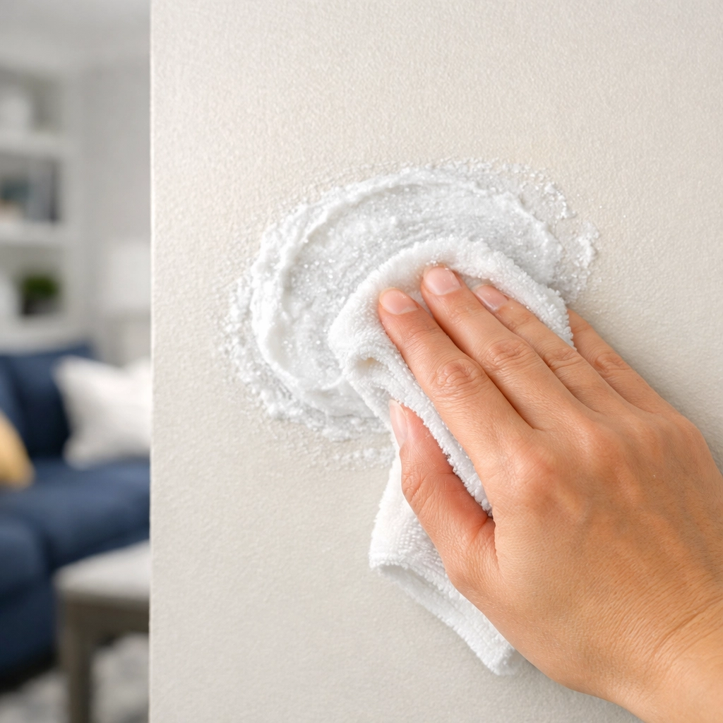 Applying a natural baking soda paste to a white wall with a cloth to remove crayon marks.