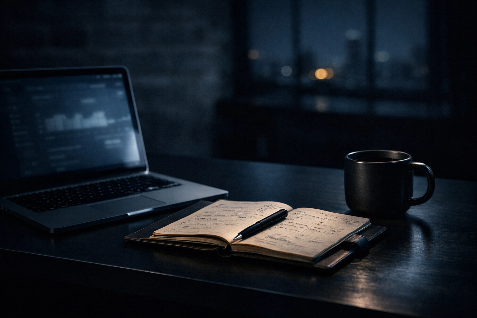 A founder working late at a minimalist desk, symbolizing management debt and hidden SDR costs for startups.
