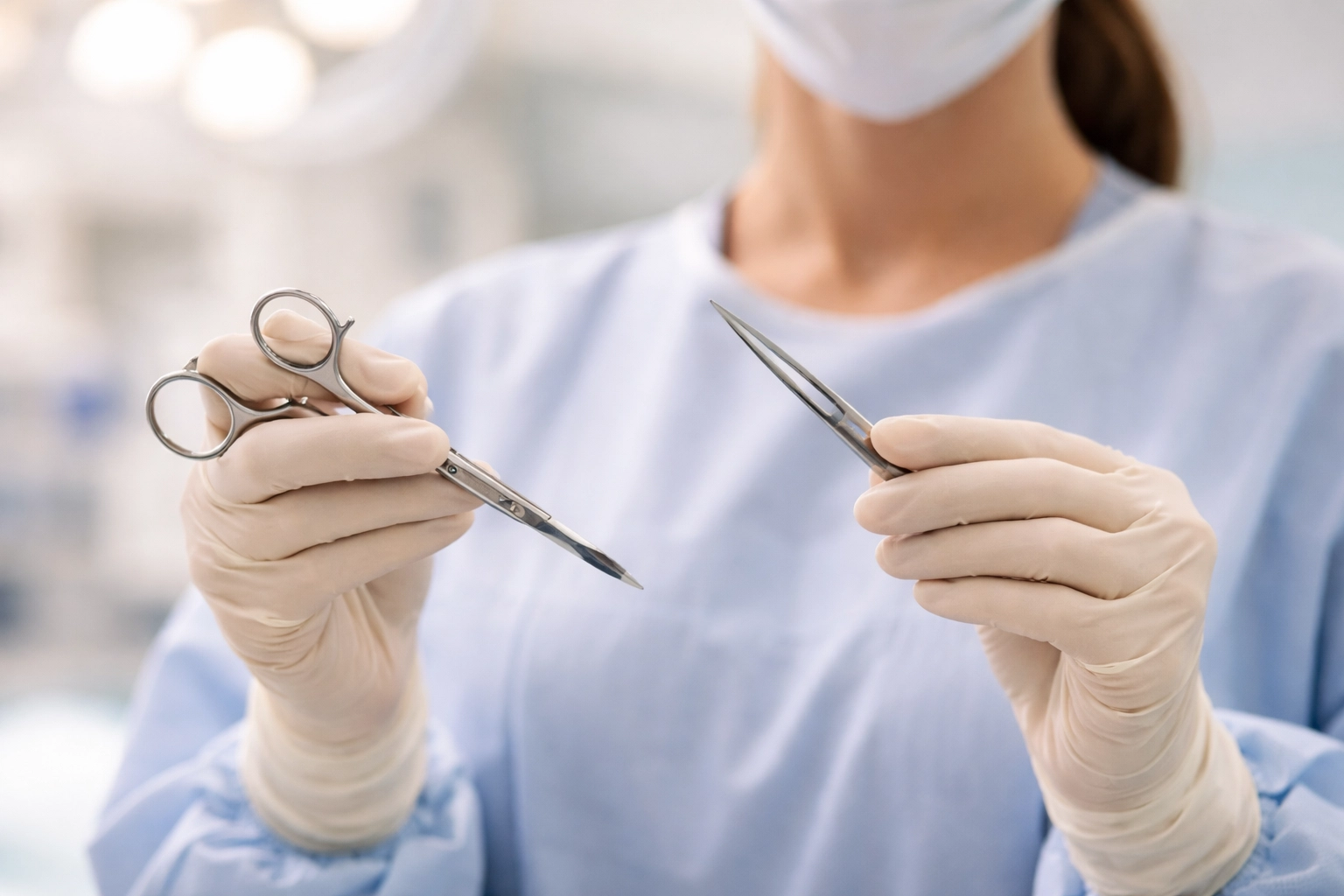 Surgeon’s gloved hands preparing precise instruments for breast augmentation surgery