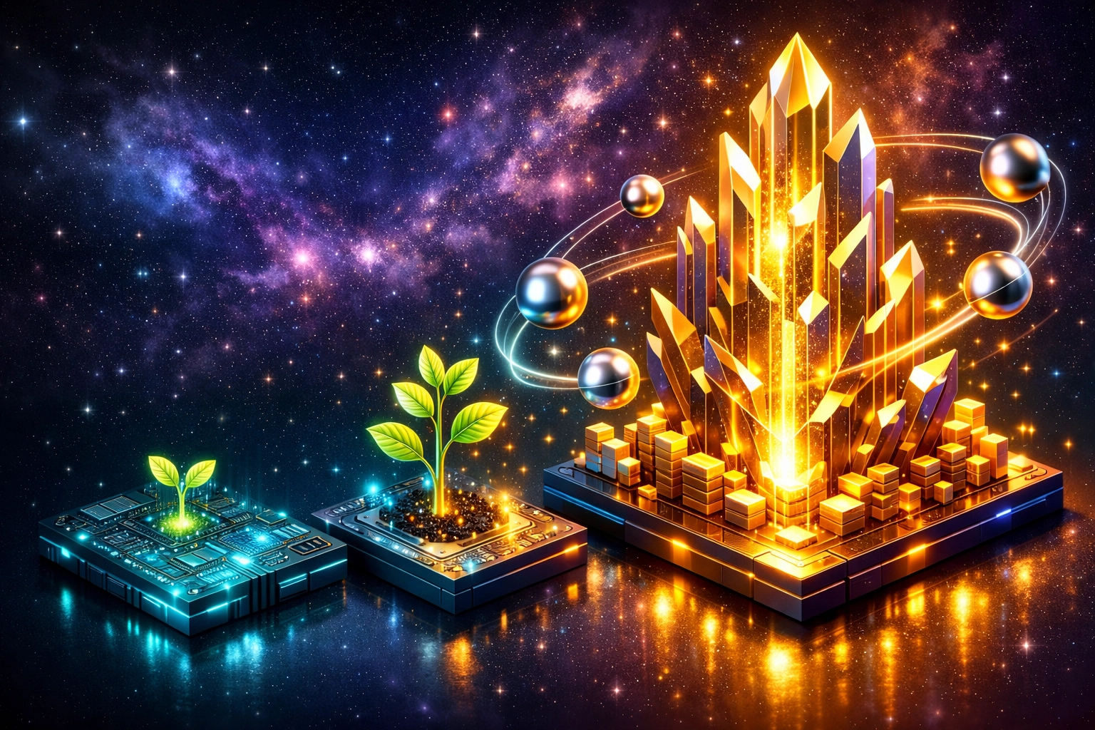 Digital business scaling from a seedling to a crystalline tower, representing Larecoin's low-fee crypto payments.