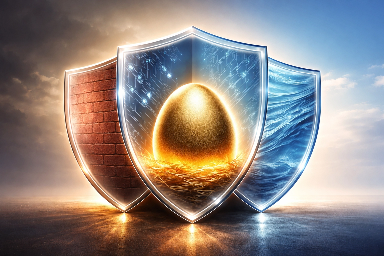 Multiple shields protecting a golden nest egg, representing diversified asset protection for accredited investors