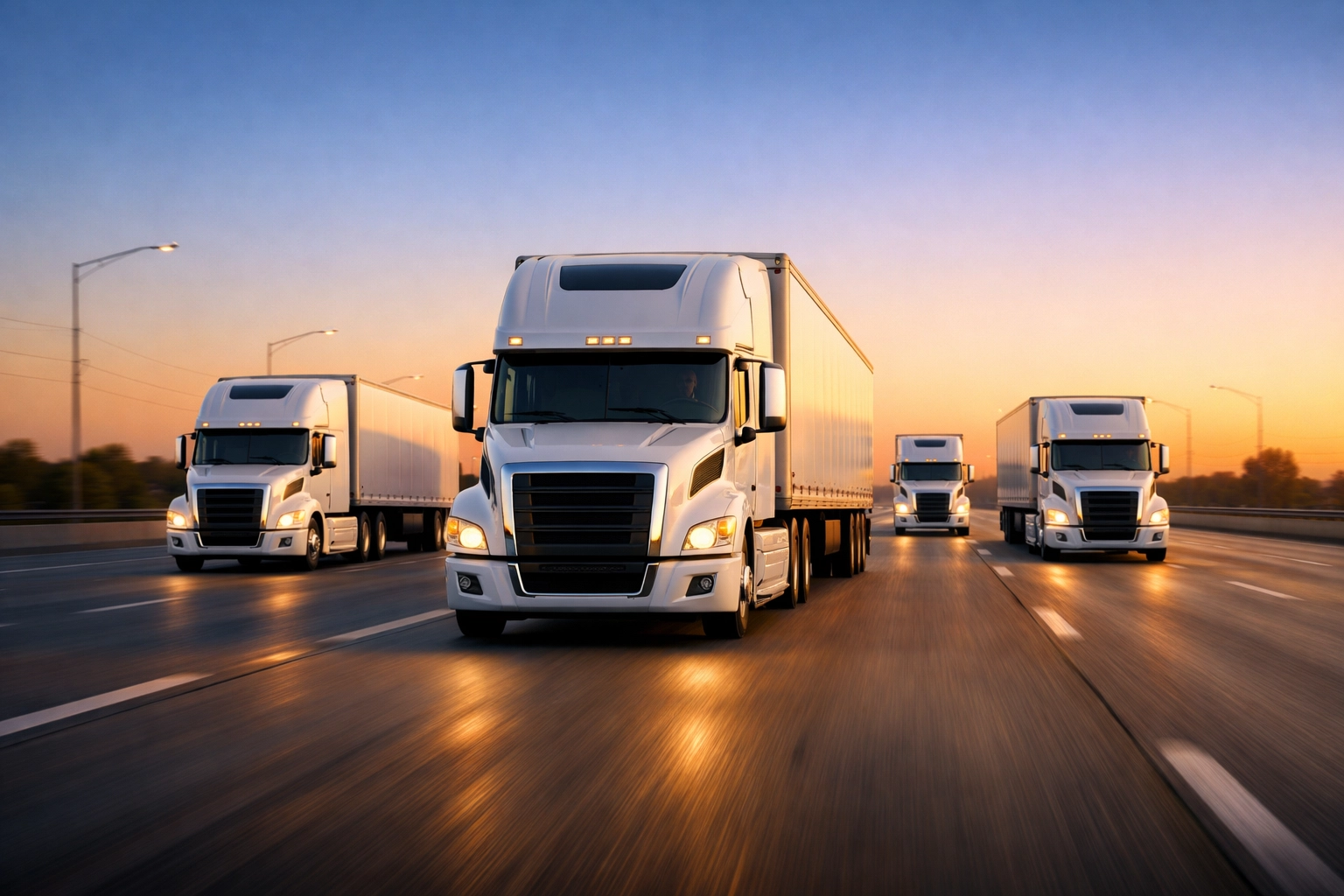 A synchronized fleet of transport trucks representing high-performance supply chain management.