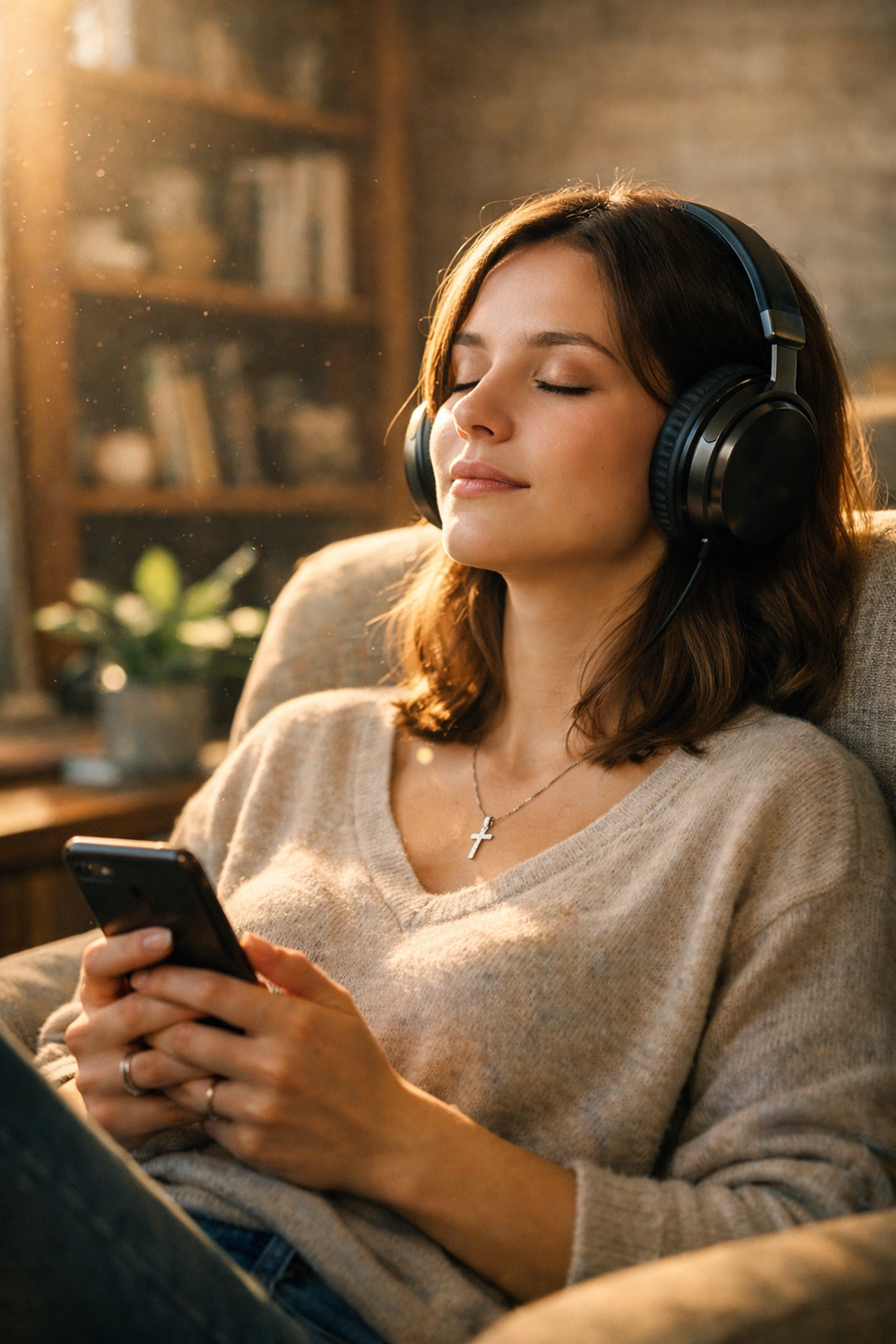 Young woman using a smartphone for spiritual reflection with faith-based media content.