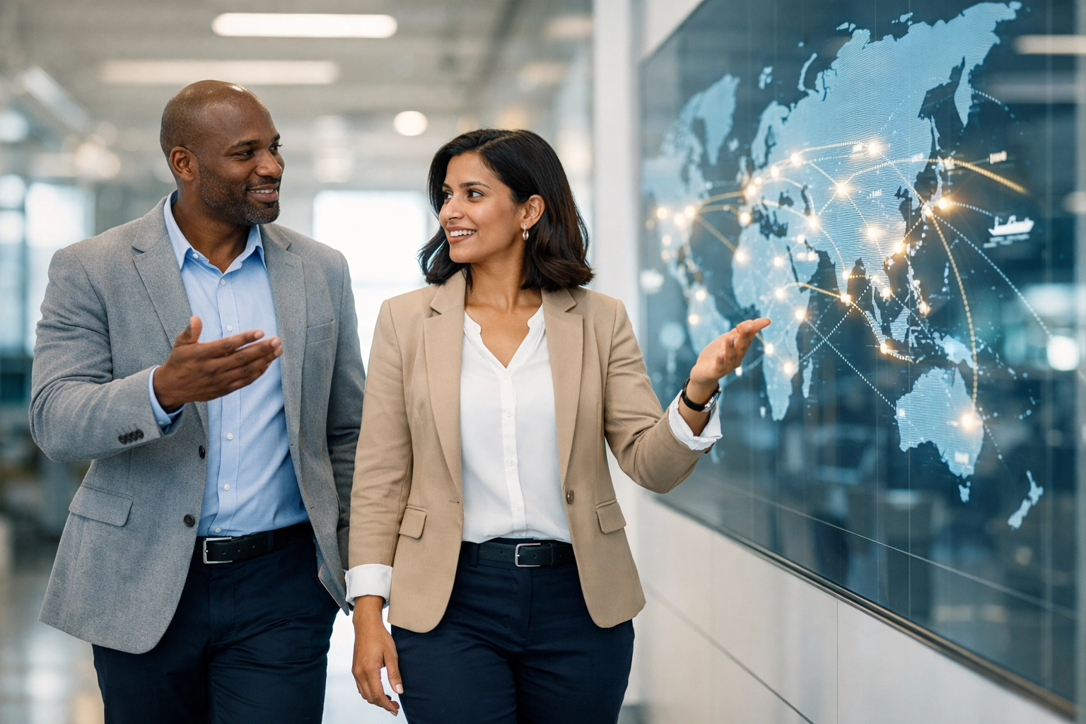 Dakdan Worldwide executives discussing multi-sector innovation and transit logistics at a corporate center.