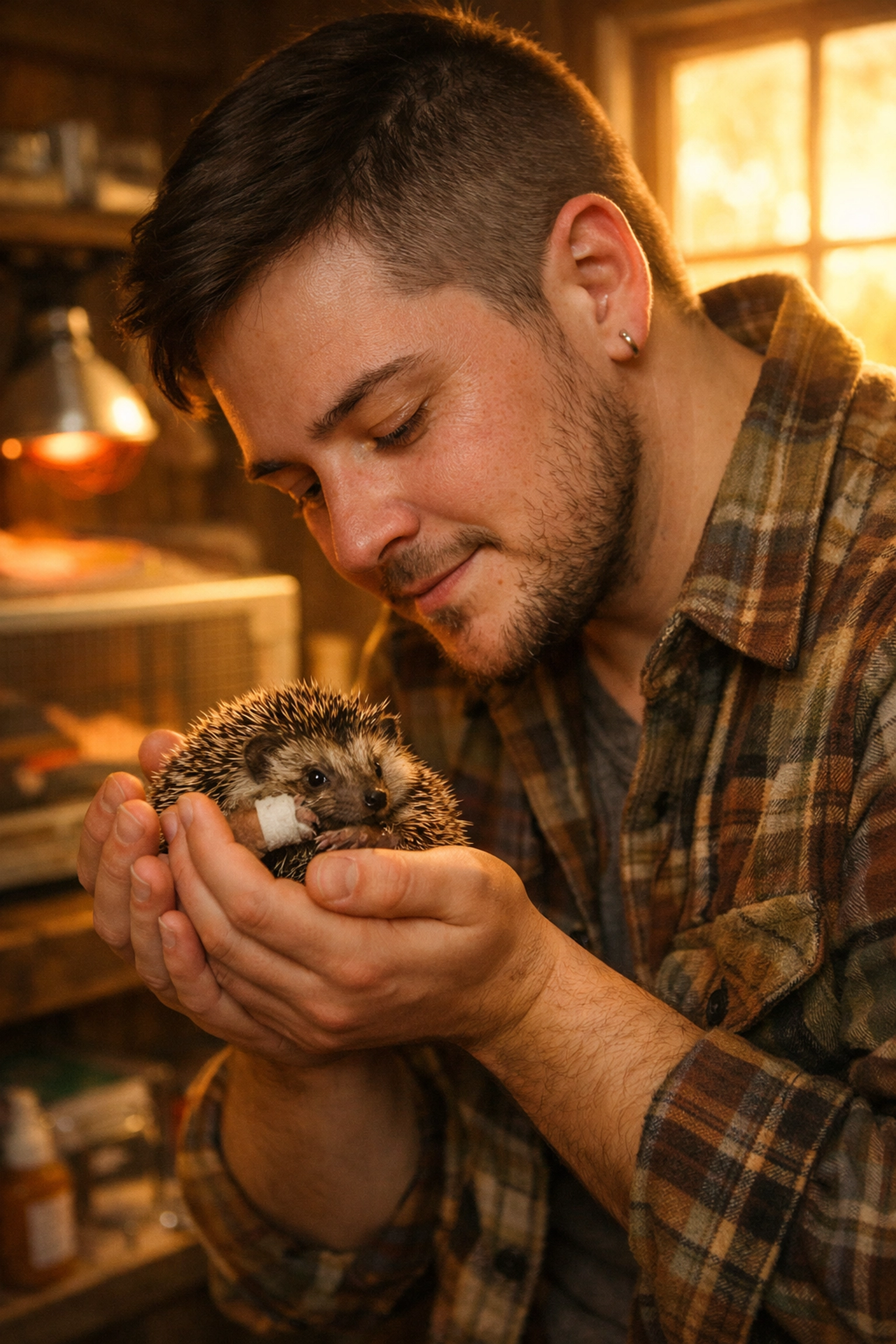 Trans man James Miller caring for injured hedgehog in Little Prickles Sanctuary shed