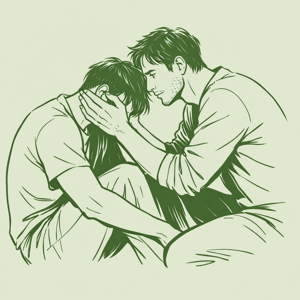 Emotional embrace between two men, illustrating the high-angst themes found in popular MM romance books.