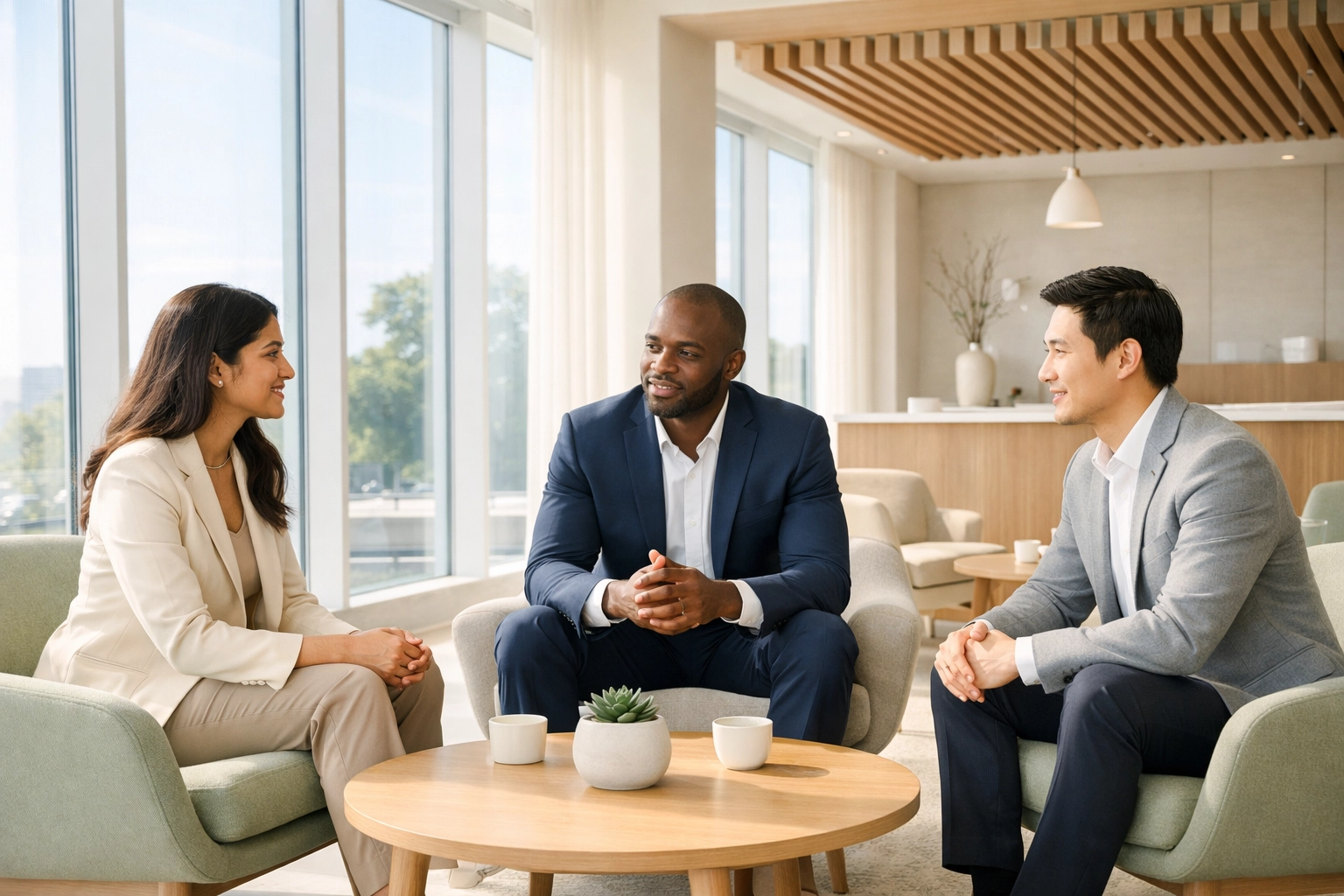 Diverse professionals in a bright modern office looking refreshed and focused, representing mental clarity from a phone-free morning routine that supports how to overcome anxiety.