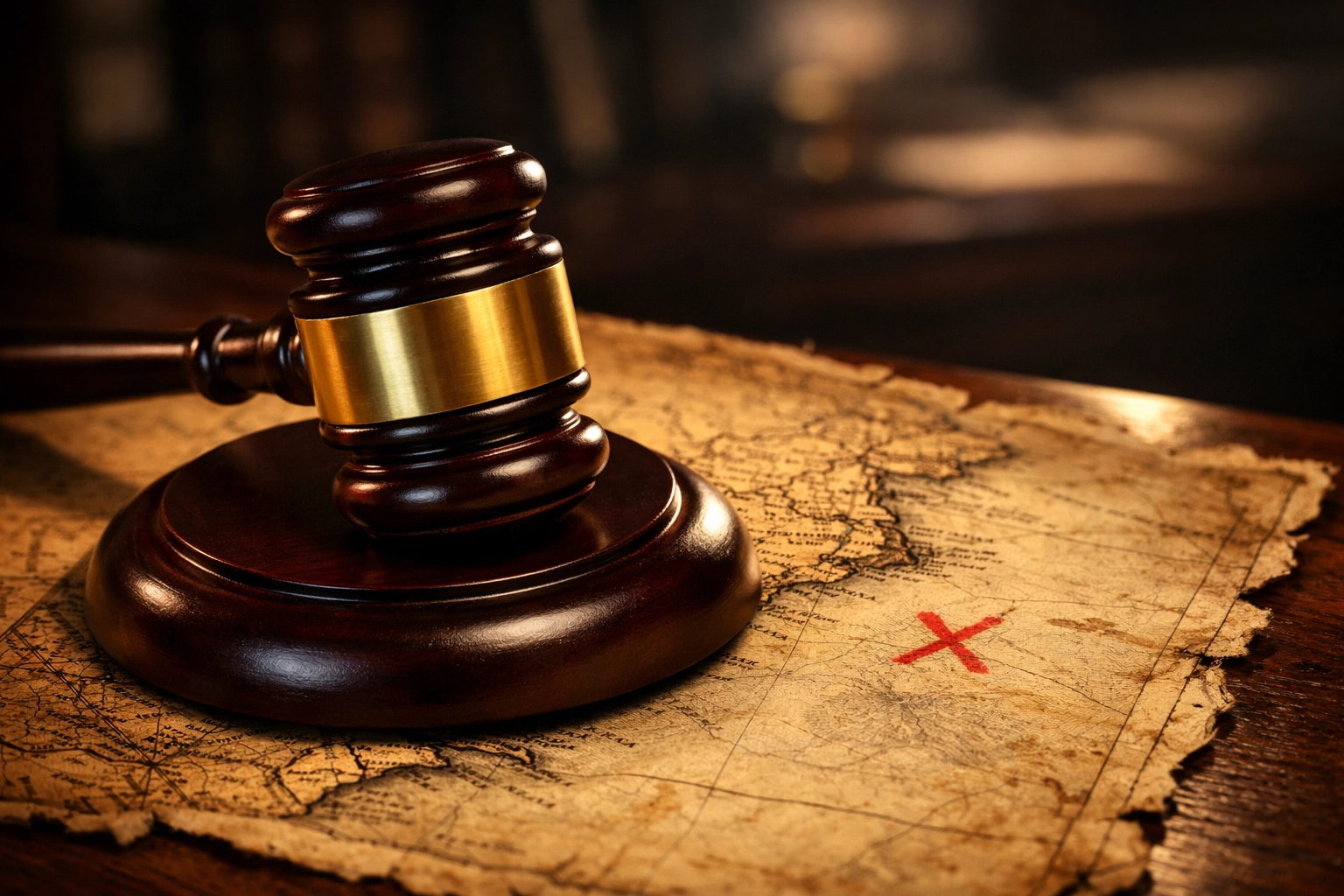 Legal gavel on a vintage treasure map marking the S.S. Central America gold shipwreck location.